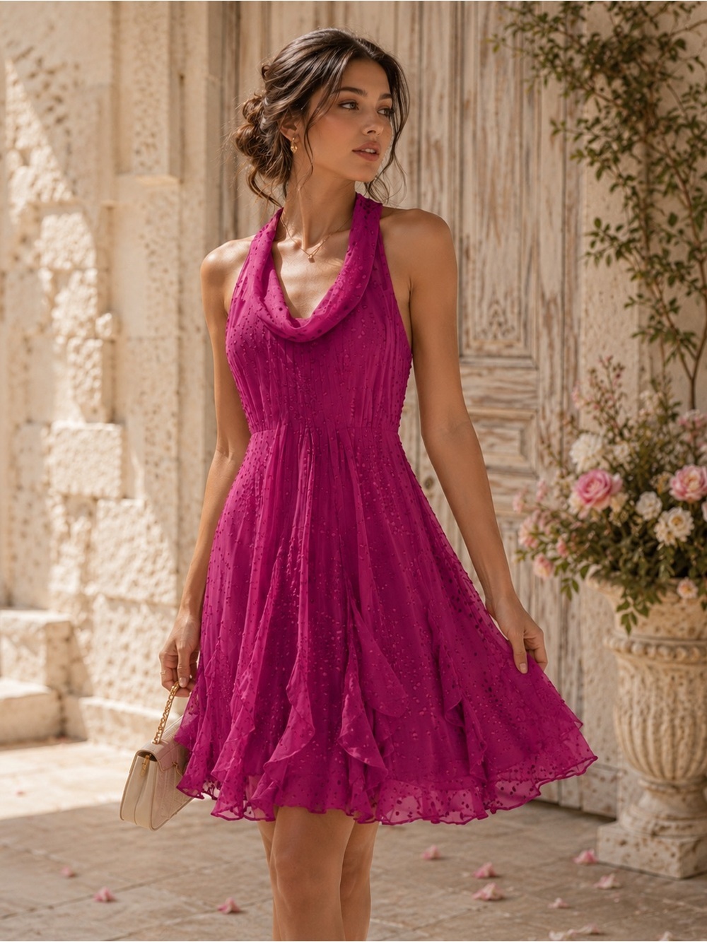 Rebecca Taylor | Silk Blend Magenta Swiss Dot Ruffle Dress - Size 8